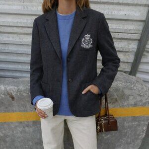 VTG Ralph Lauren Crest Blazer Women's Sz M Charcoal Grey Silver Crest Preppy